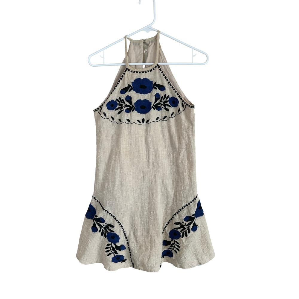 GUC THML Boho Summer Festival Cream Linen A-Line Embroidered Mini Dress Size XS